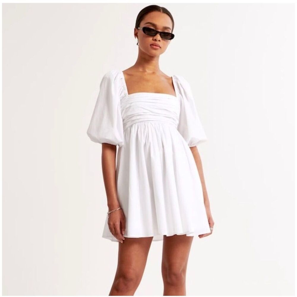 Abercrombie & Fitch Poplin Puff Sleeve Mini Dress White-Size XS